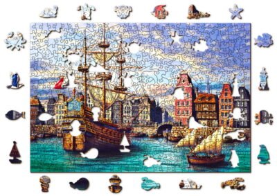 Puzzle z Figurkami Dawne Okręty w Porcie Old Ships in Harbour 505 (Drewniane Pudełko) L puzzle 3D
