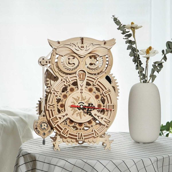 Drewniany model do skladania puzzle 3D Owl Clock